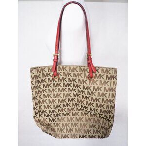 Michael Kors Large Gold & Brown Logo Embroidered Tote Bag Red Leather Handles